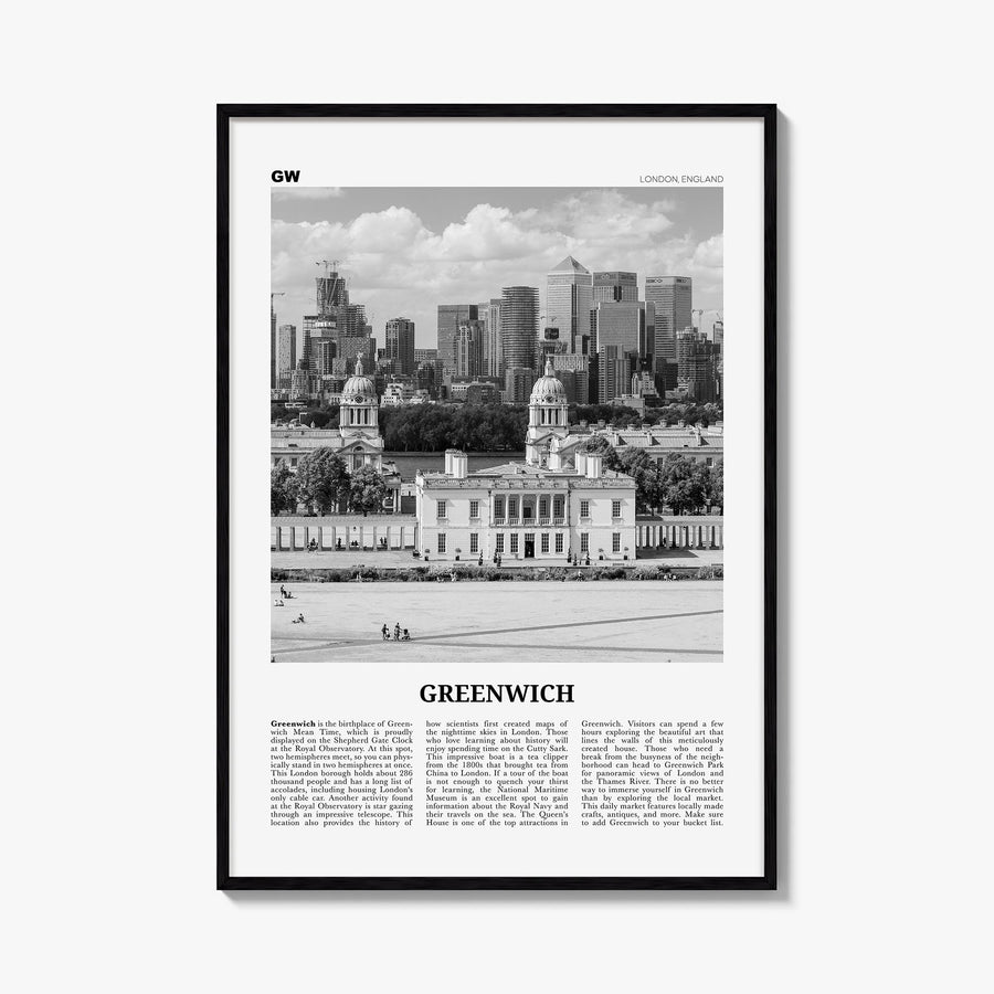Greenwich, London black & white newspaper poster of United Kingdom – vertical wall art, unframed print shown in interior mock