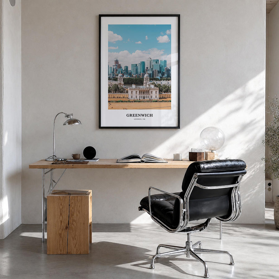 Greenwich, London colorful classic poster of United Kingdom – vertical wall art in black wood frame, hanging on wall