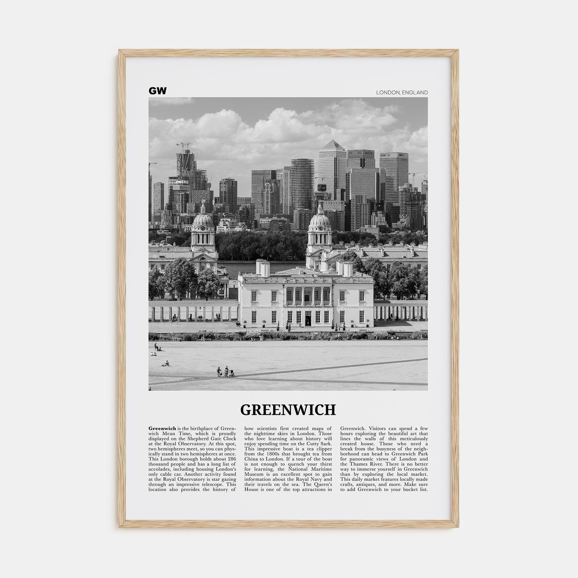 Greenwich, London Poster Natural Wood / 8x12 in Nbourhood Travel B&W Poster