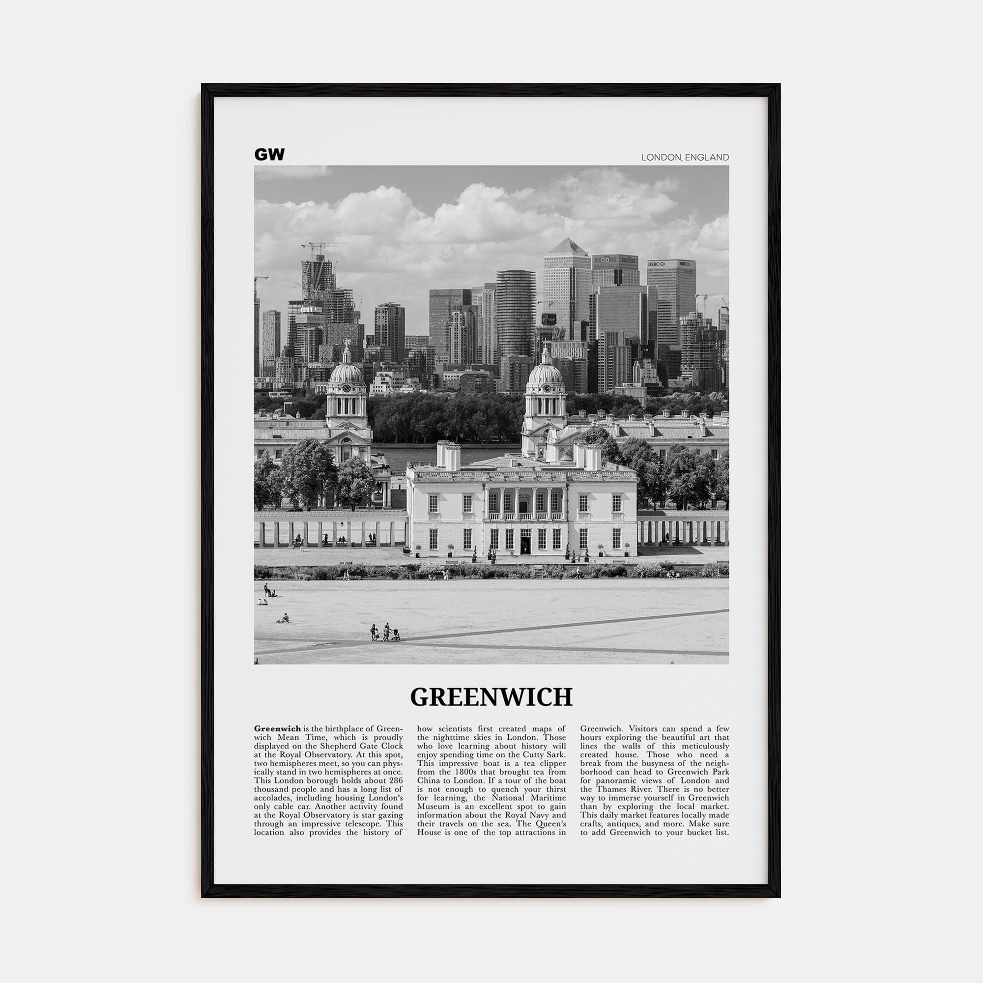 Greenwich, London Poster Black Wood / 8x12 in Nbourhood Travel B&W Poster