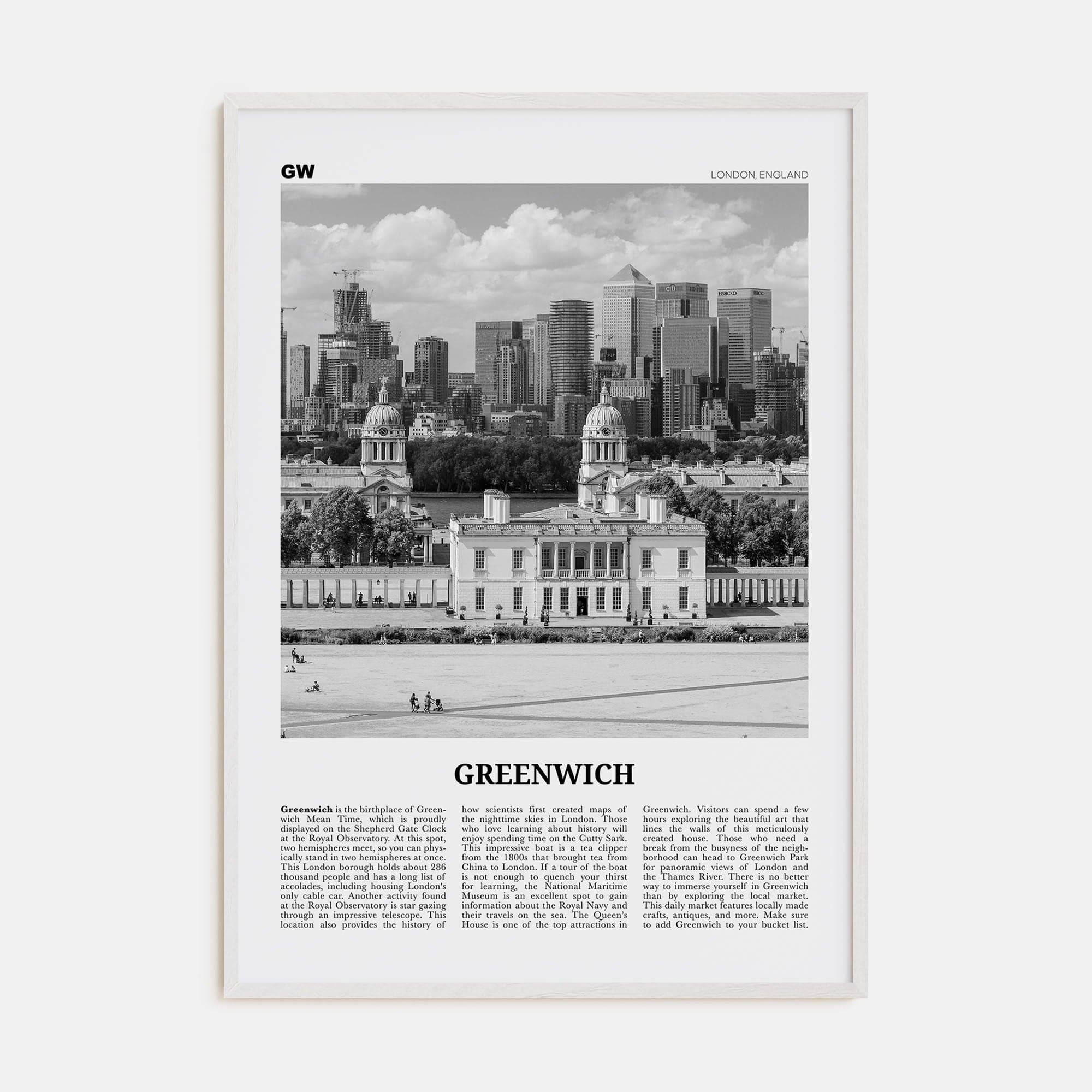 Greenwich, London Poster White Wood / 8x12 in Nbourhood Travel B&W Poster