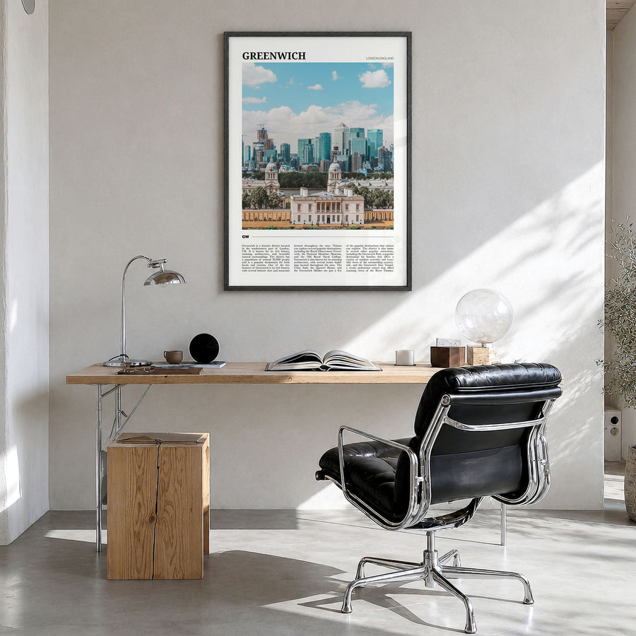Greenwich, London Travel Poster in a black wood frame, hanging in a bright home office