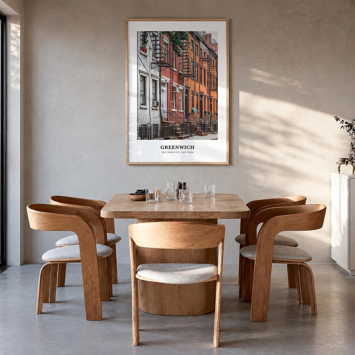 Greenwich, New York colorful classic poster of New York, USA – vertical wall art in natural wood frame, hanging on wall