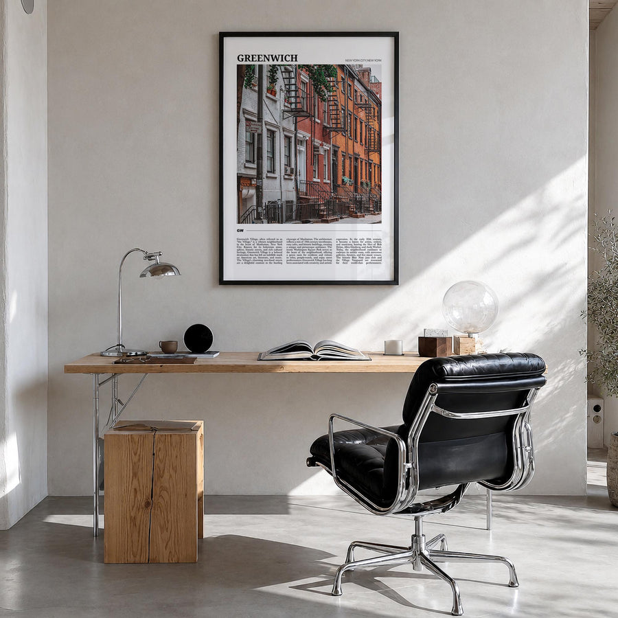 Greenwich, New York colorful travel poster of New York, USA – vertical wall art in black wood frame, hanging on wall
