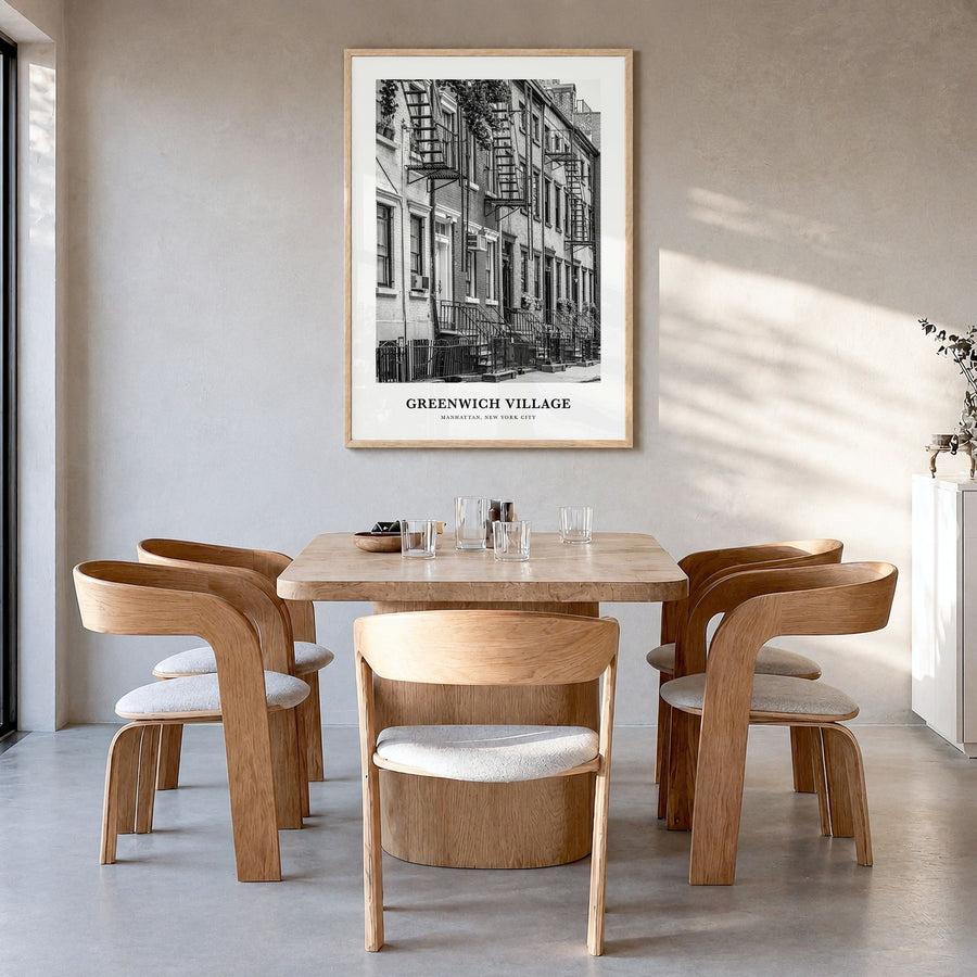 Greenwich Village Classic Poster in a natural wood frame, hanging in a dining room