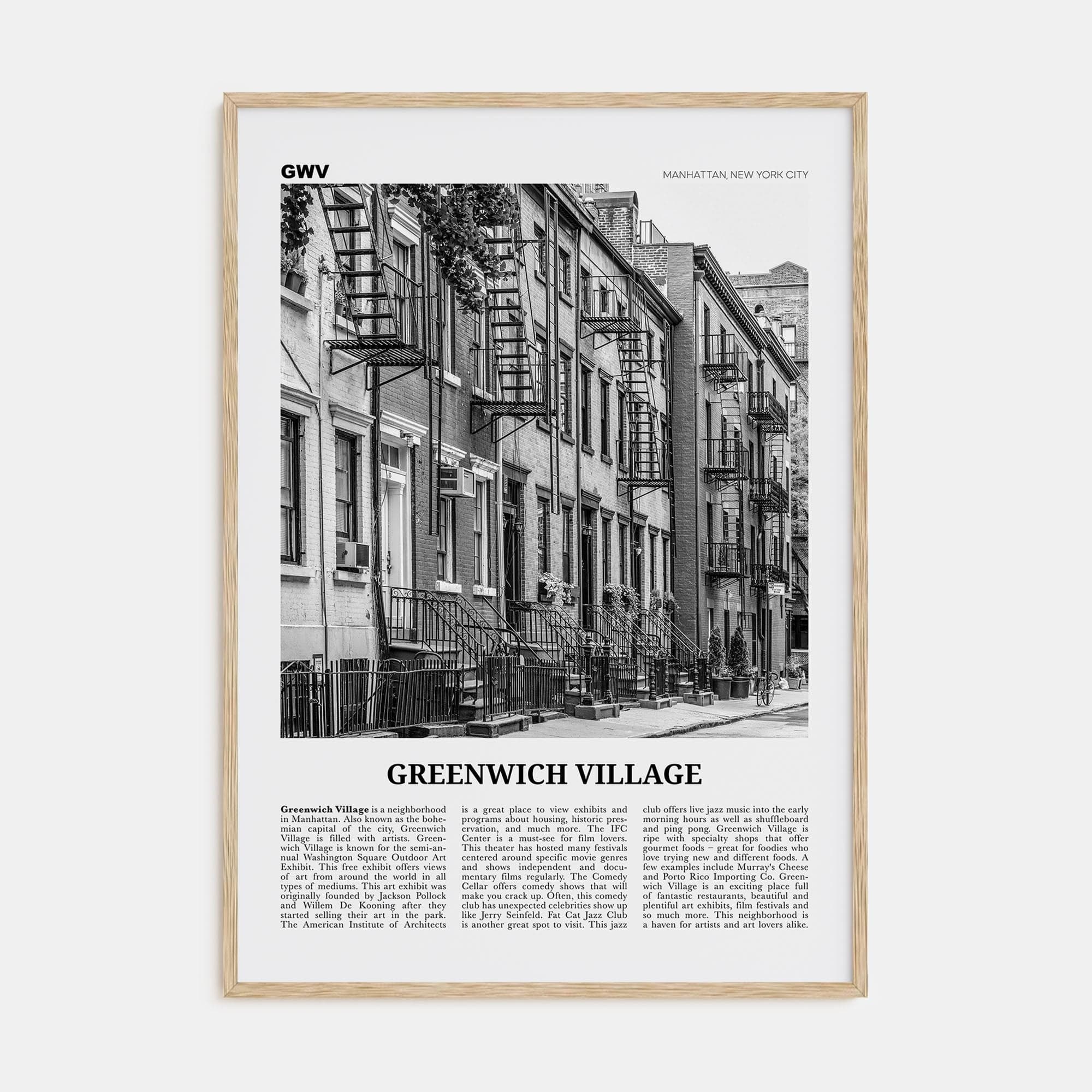 Greenwich Village Poster Natural Wood / 8x12 in Nbourhood Travel B&W Poster