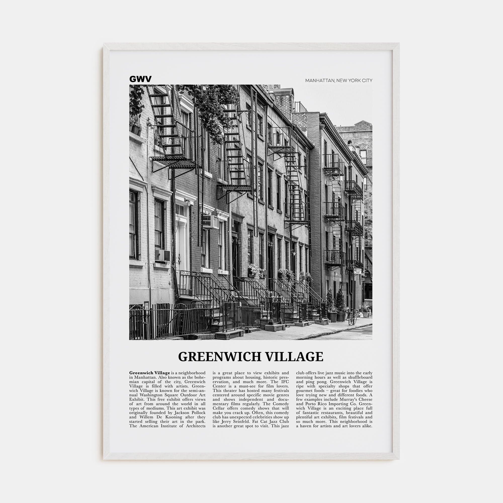 Greenwich Village Poster White Wood / 8x12 in Nbourhood Travel B&W Poster