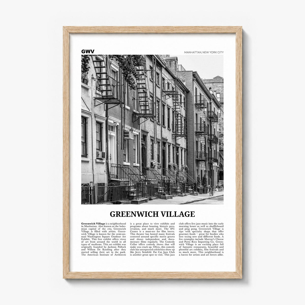 Greenwich Village Newspaper Poster in a natural wood frame
