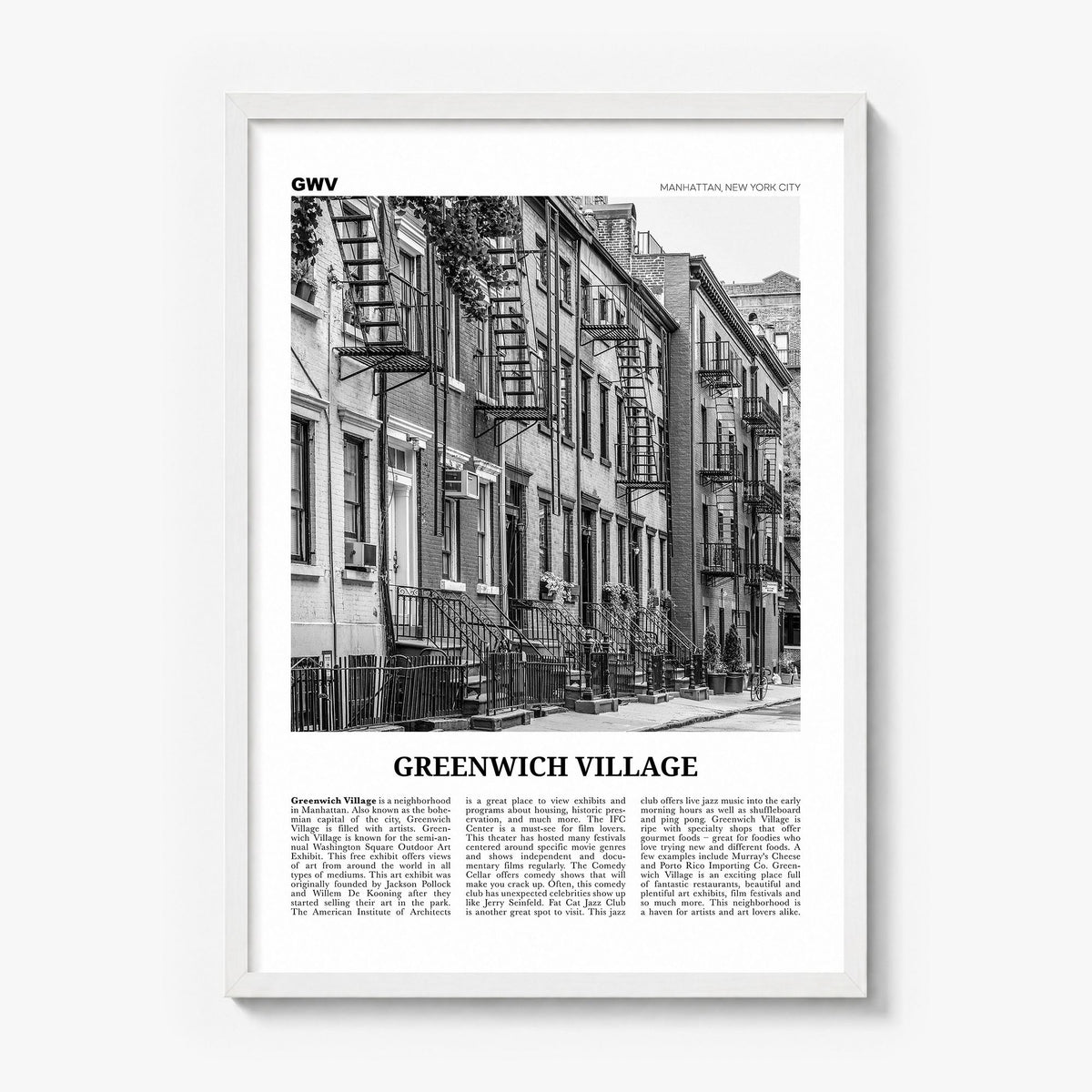 Greenwich Village Newspaper Poster in a white wood frame