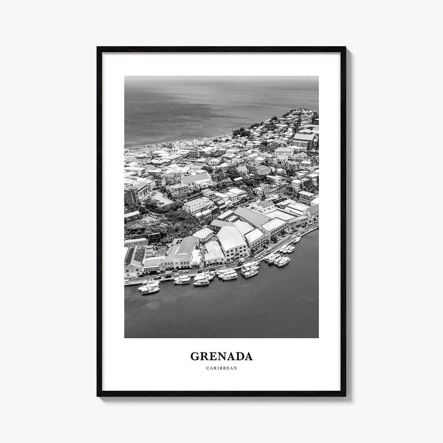 Grenada black & white classic poster of Caribbean – vertical wall art, unframed print shown in interior mockup