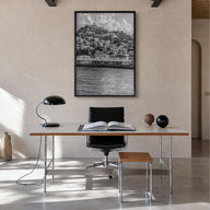 Grenada black & white photo poster of Caribbean – vertical wall art in black wood frame, hanging on wall