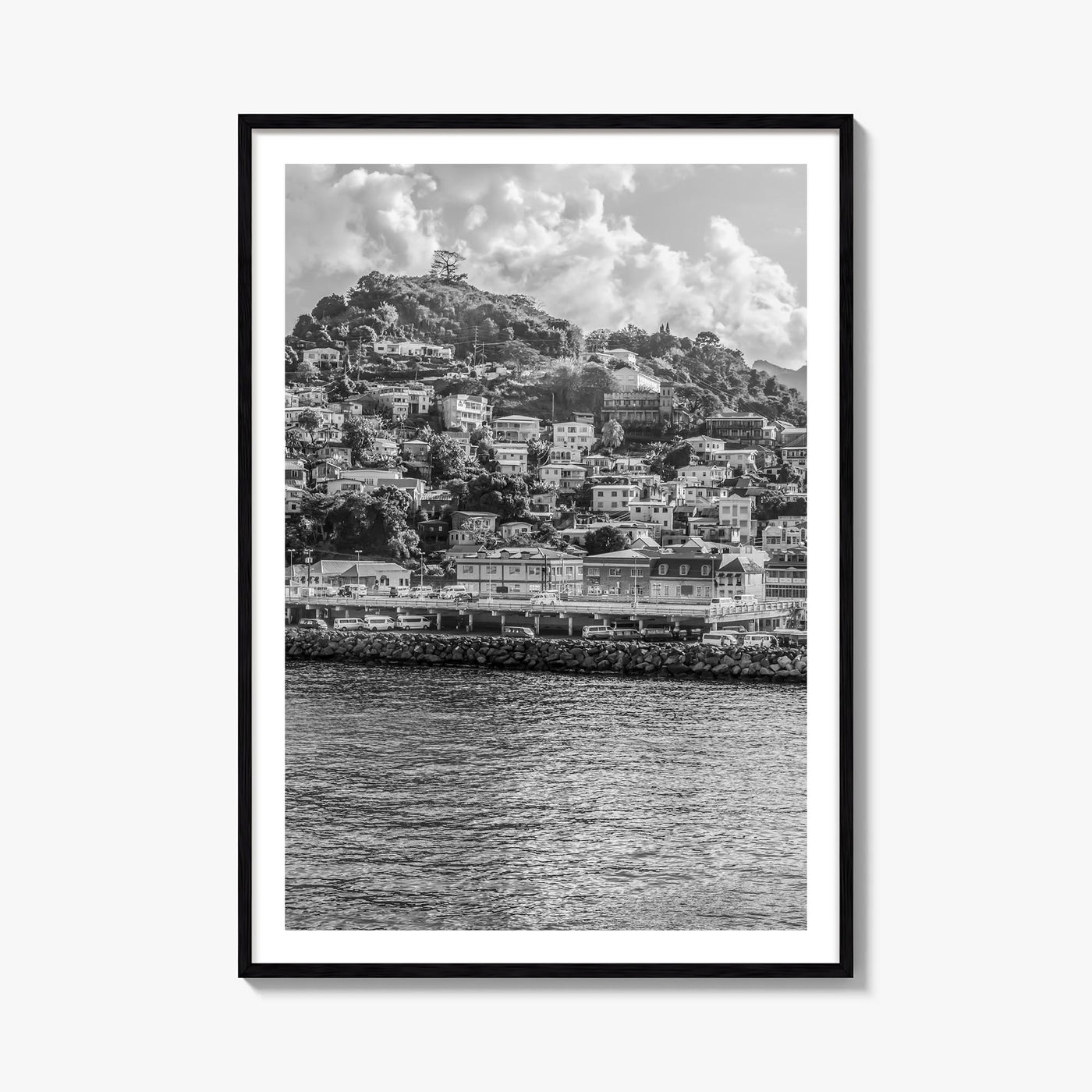 Grenada black & white photo poster of Caribbean – vertical wall art, unframed print shown in interior mockup