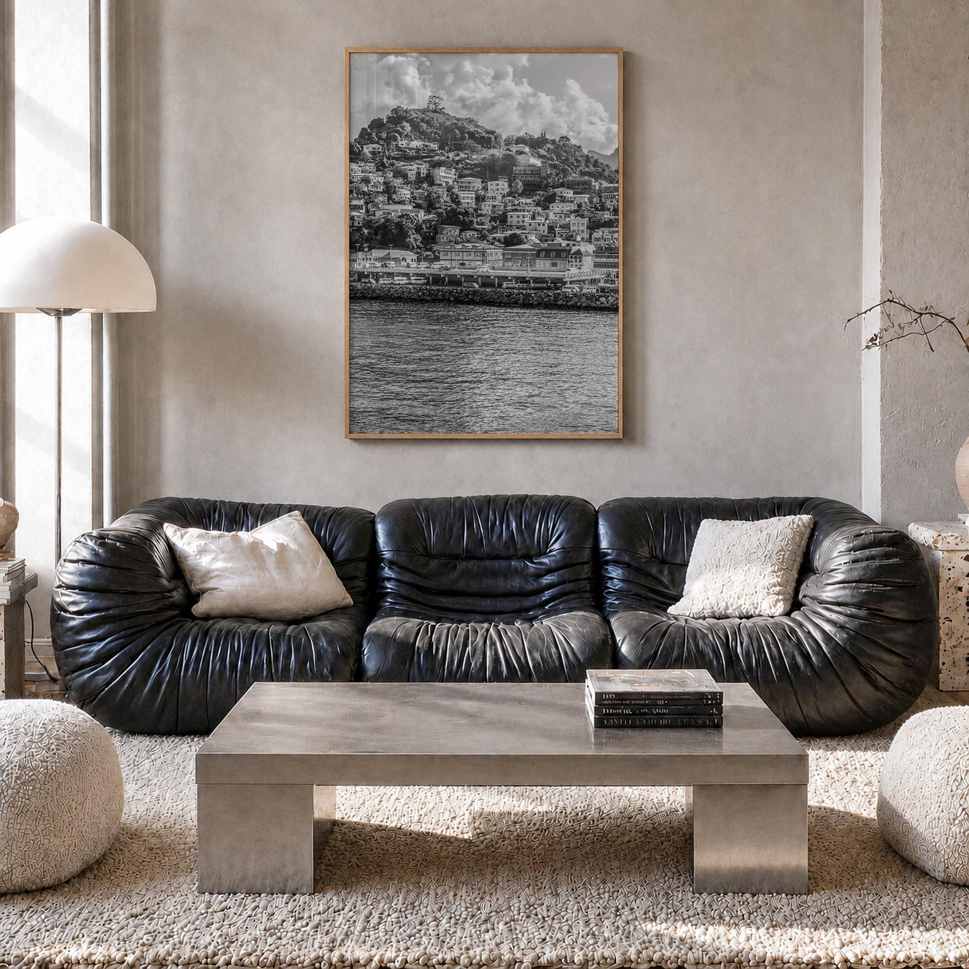 Grenada black & white photo poster of Caribbean – vertical wall art in natural wood frame, hanging on wall