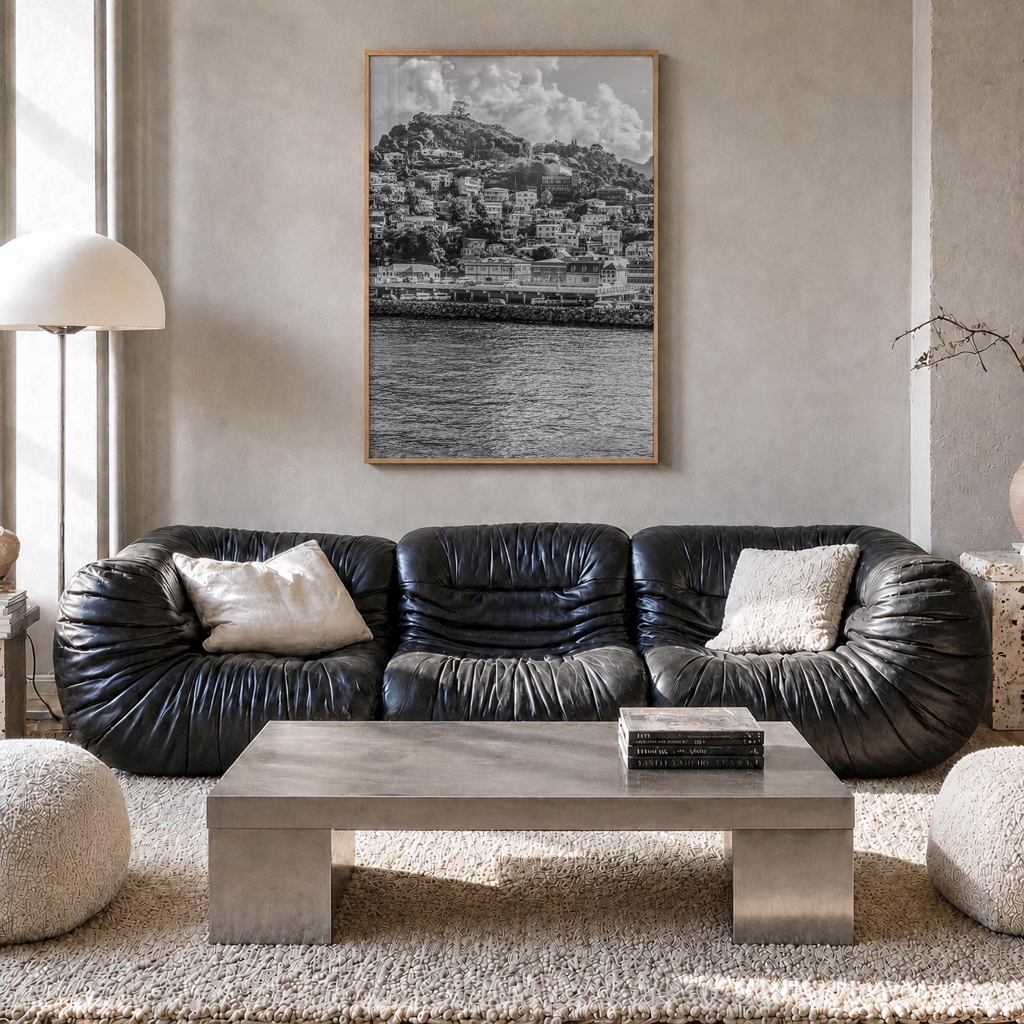 Grenada black & white photo poster of Caribbean – vertical wall art in natural wood frame, hanging on wall