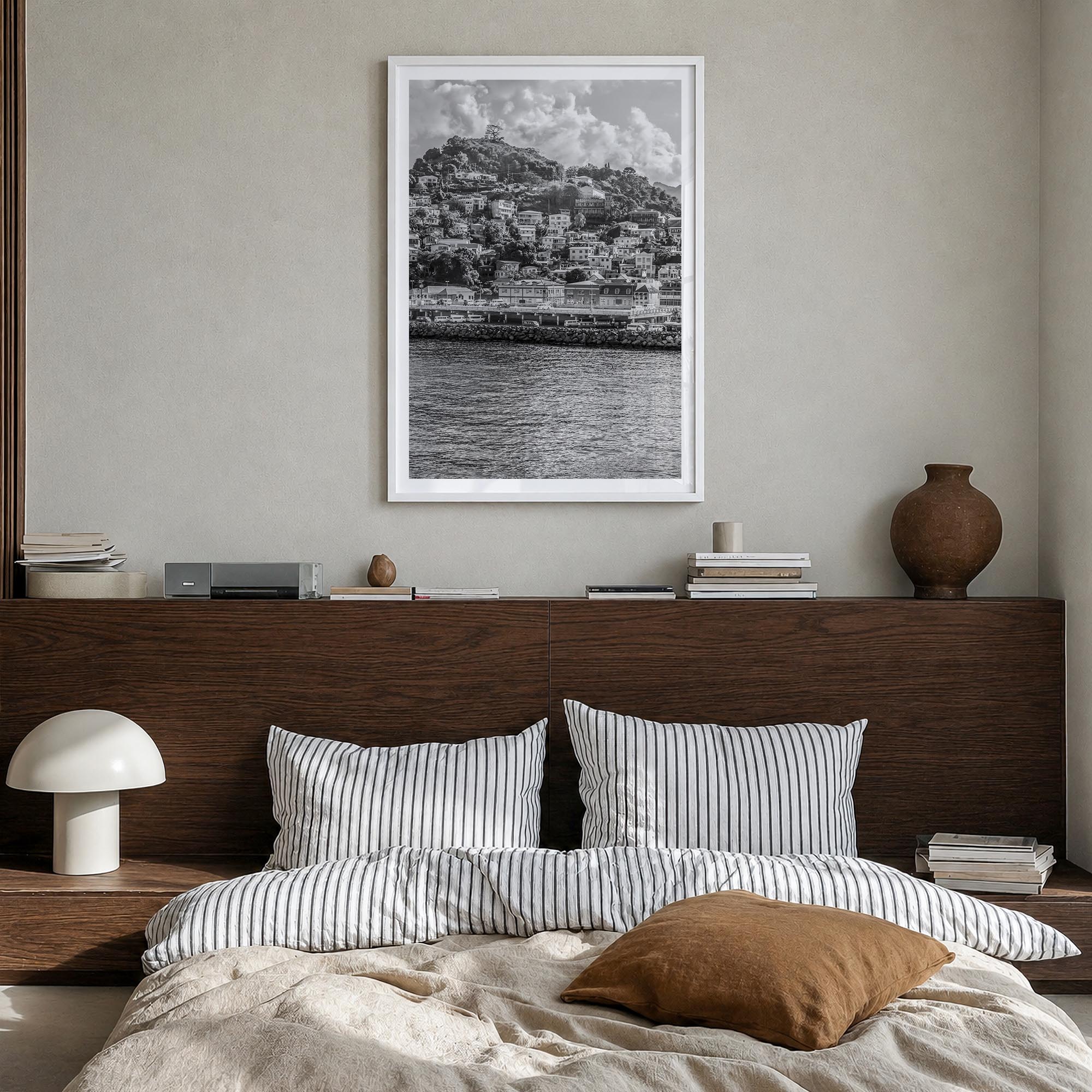 Grenada black & white photo poster of Caribbean – vertical wall art in white wood frame with white border, hanging on wall