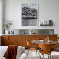 Grenada black & white photo poster of Caribbean – vertical wall art in white wood frame, hanging on wall