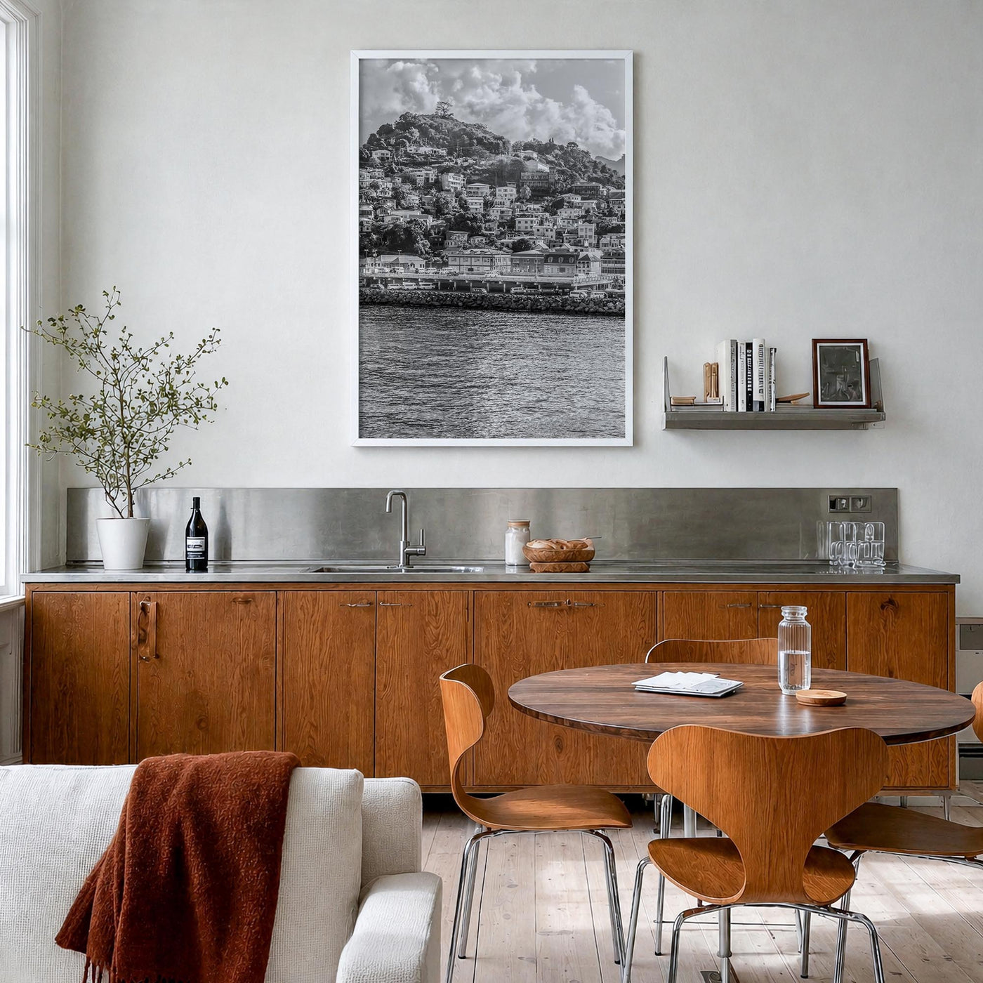Grenada black & white photo poster of Caribbean – vertical wall art in white wood frame, hanging on wall