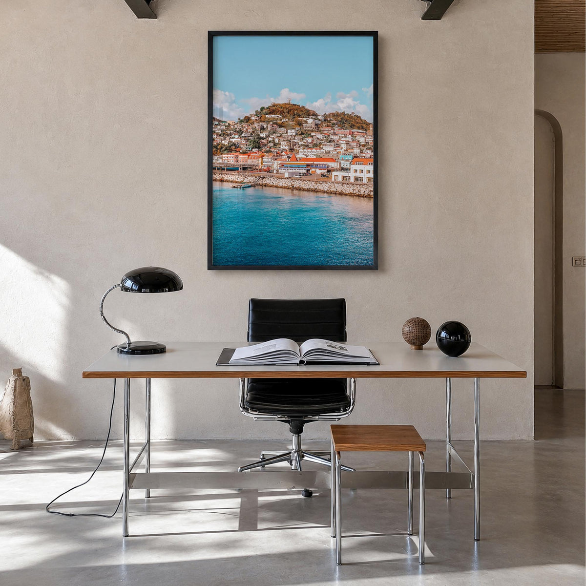 Grenada colorful photo poster of Caribbean – vertical wall art in black wood frame, hanging on wall