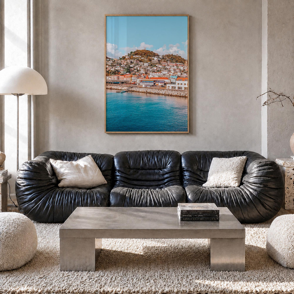 Grenada colorful photo poster of Caribbean – vertical wall art in natural wood frame, hanging on wall