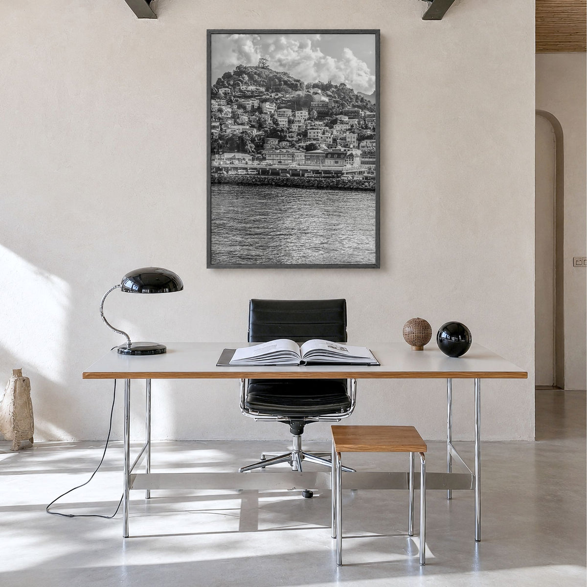 Grenada Photo Poster in a black wood frame, hanging in a minimalist home office, full image (no border)