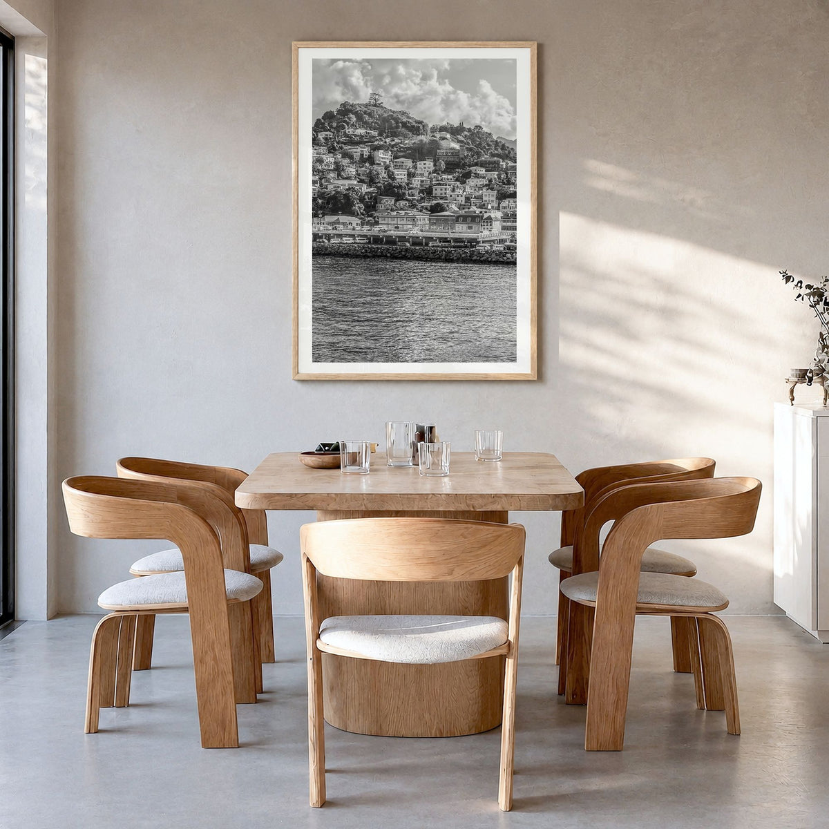 Grenada Photo Poster in a natural wood frame, hanging in a dining room, white border
