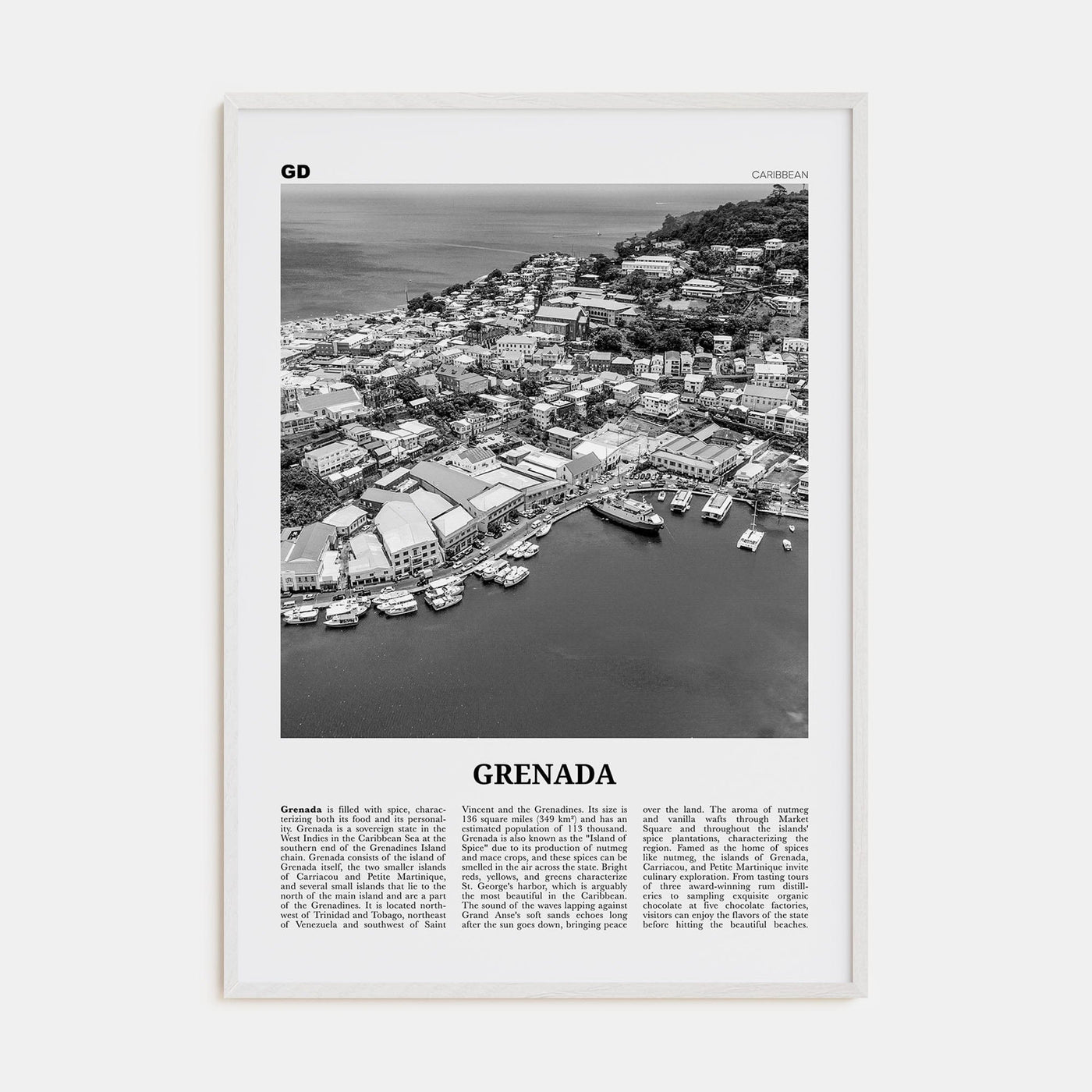 Grenada Poster White Wood / 8x12 in Nbourhood Travel B&W Poster