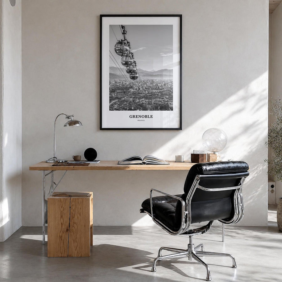 Grenoble black & white classic poster of France – vertical wall art in black wood frame, hanging on wall