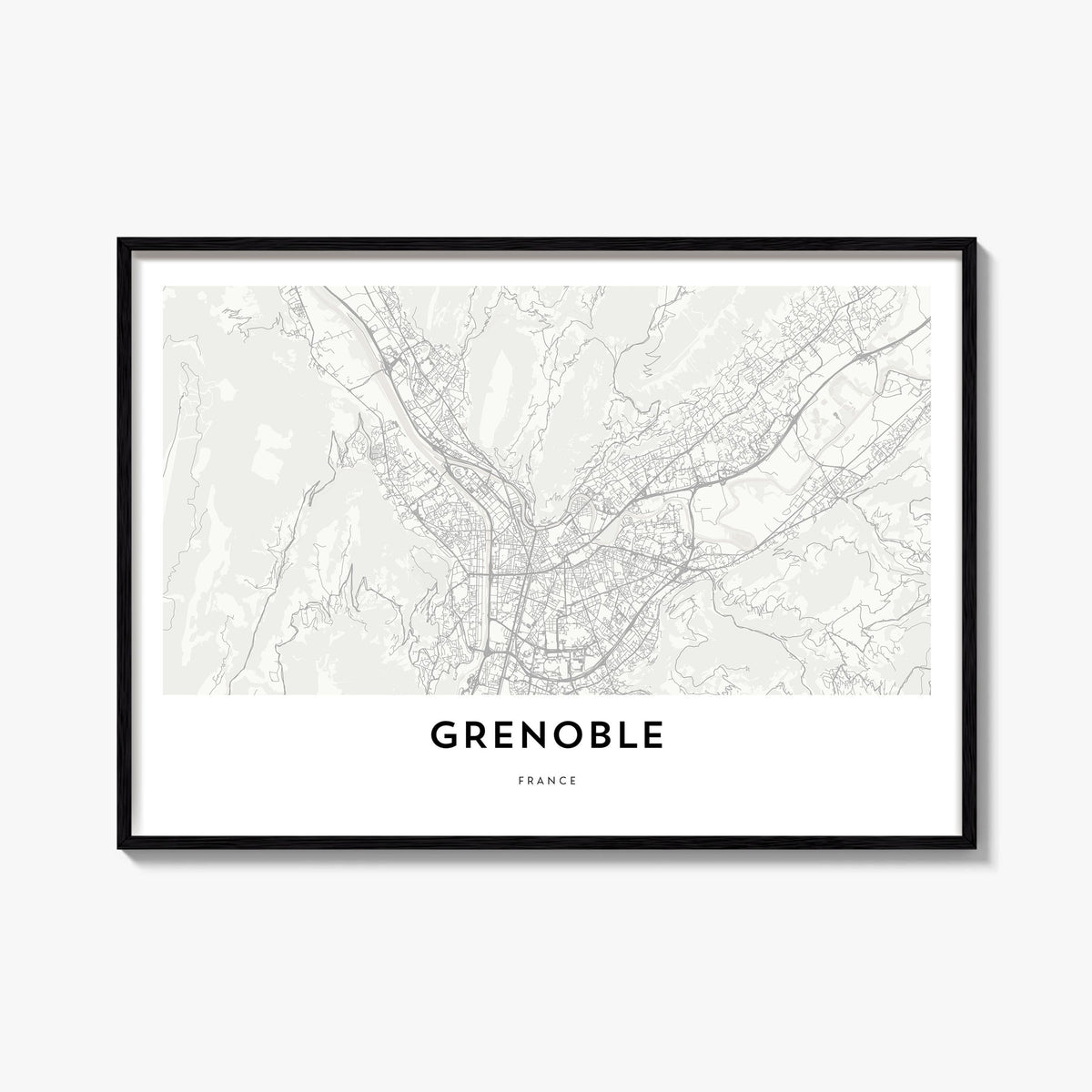 Grenoble black & white map poster of France – horizontal wall art, unframed print shown in interior mockup