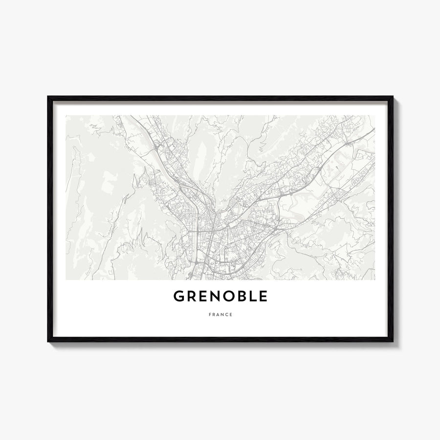 Grenoble black & white map poster of France – horizontal wall art, unframed print shown in interior mockup