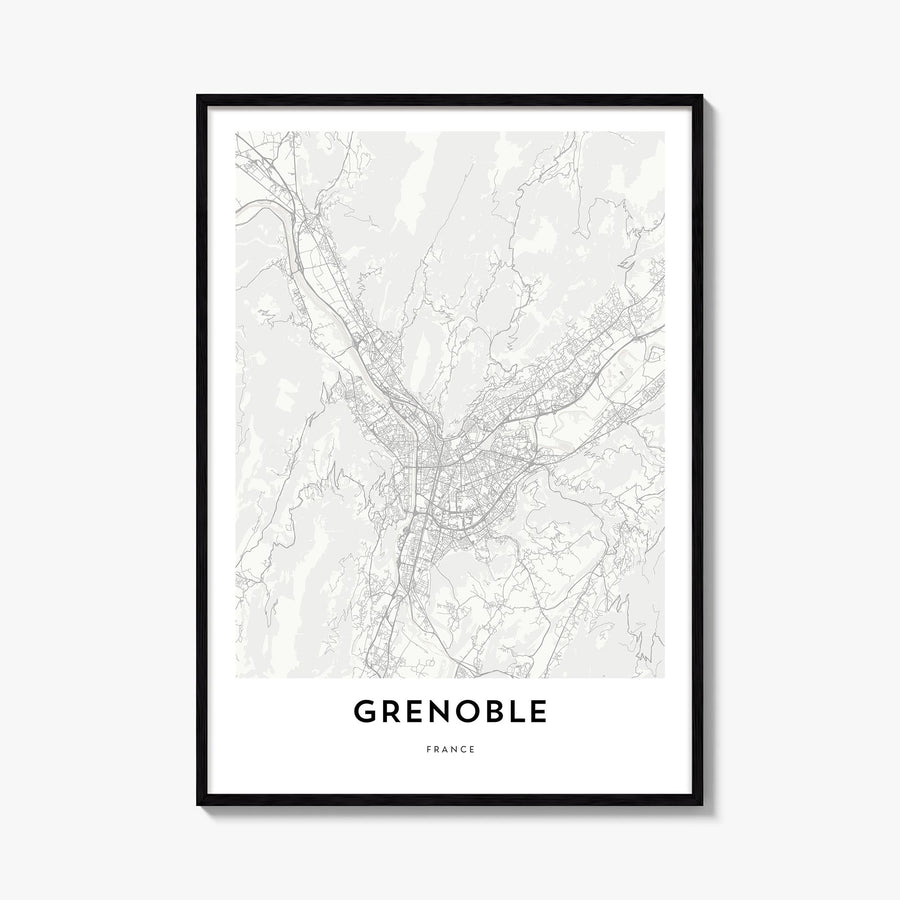 Grenoble black & white map poster of France – vertical wall art, unframed print shown in interior mockup
