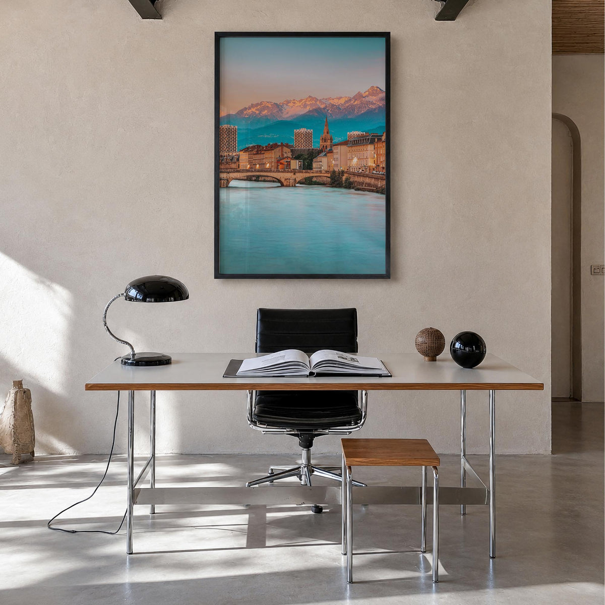 Grenoble colorful photo poster of France – vertical wall art in black wood frame, hanging on wall