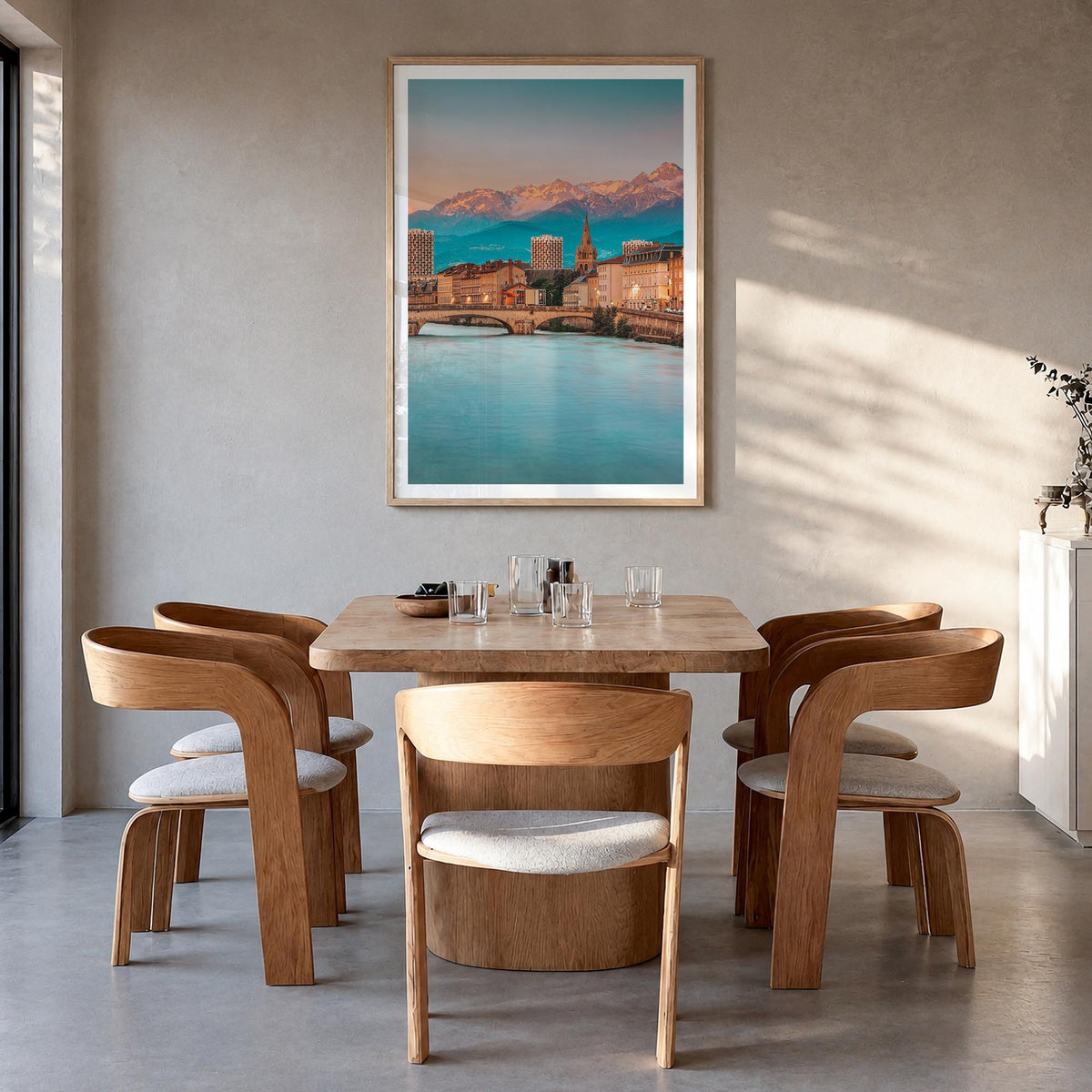 Grenoble colorful photo poster of France – vertical wall art in natural wood frame with white border, hanging on wall