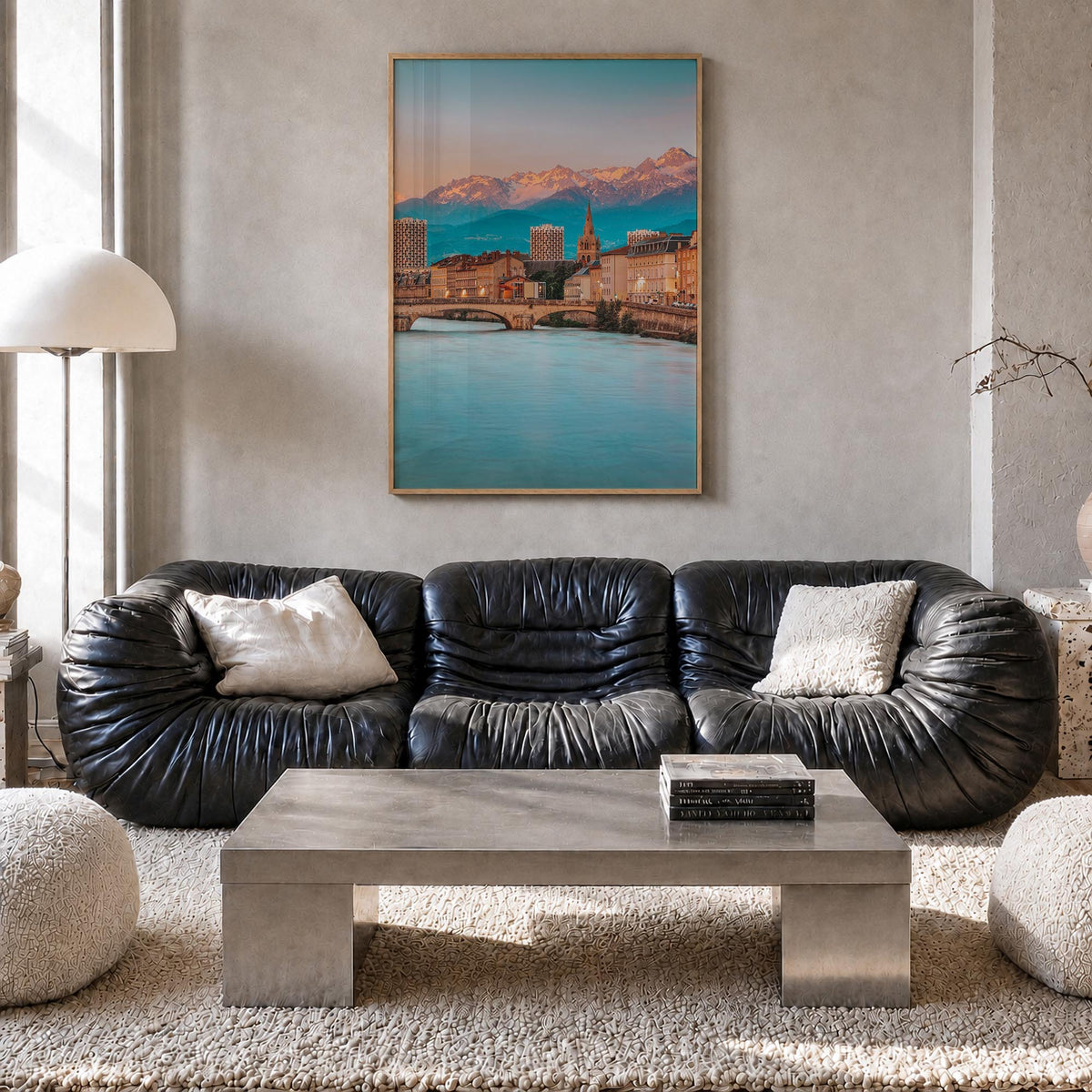 Grenoble colorful photo poster of France – vertical wall art in natural wood frame, hanging on wall