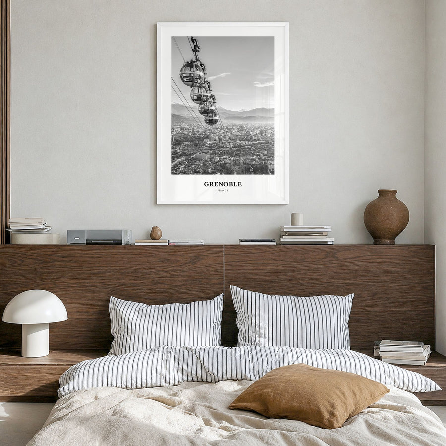 Grenoble Classic Poster in a white wood frame, hanging in a bedroom