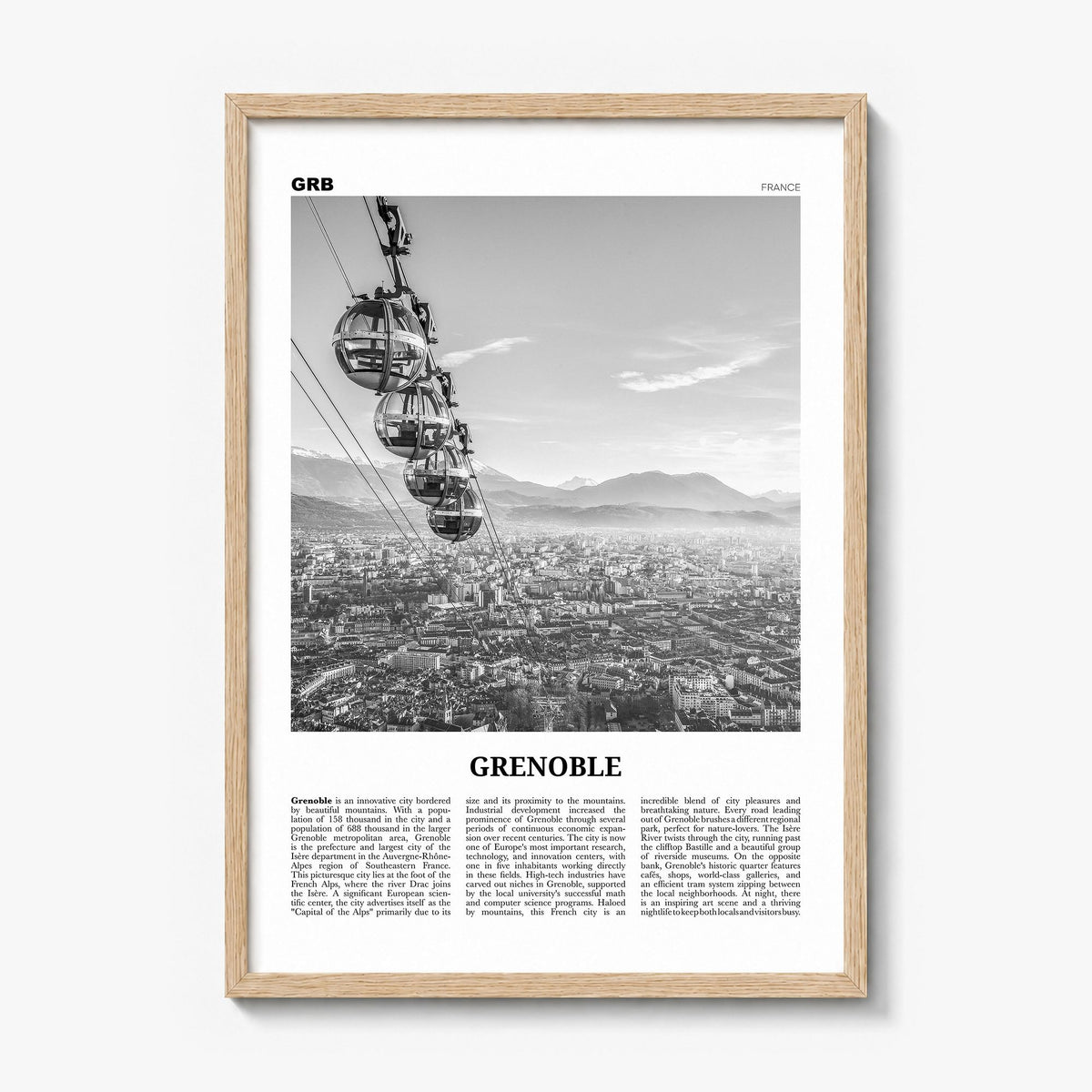 Grenoble Newspaper Poster in a natural wood frame