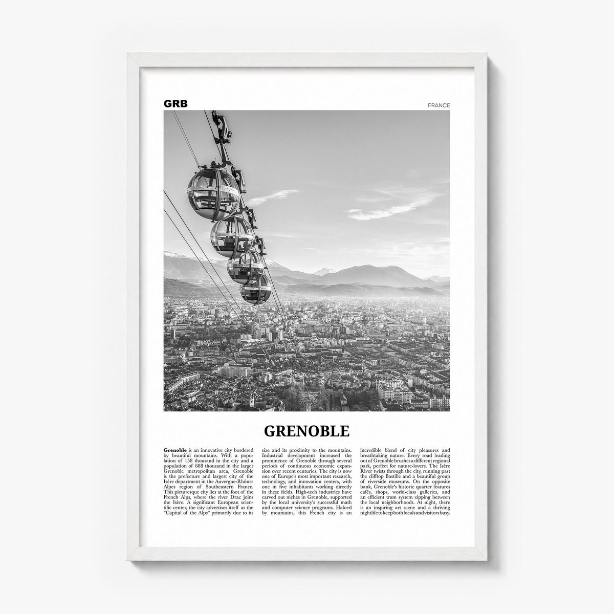 Grenoble Newspaper Poster in a white wood frame