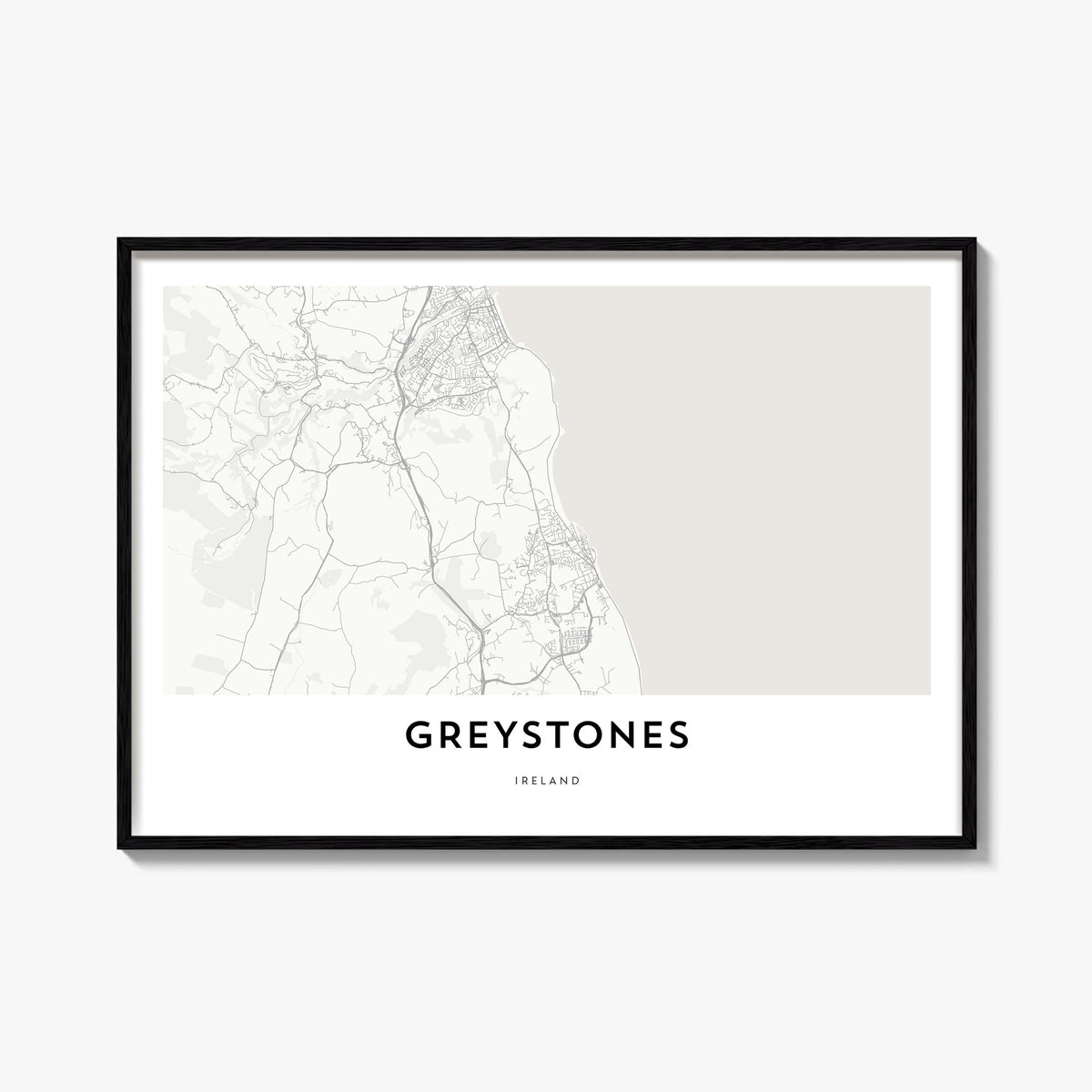 Greystones black & white map poster of Ireland – horizontal wall art, unframed print shown in interior mockup
