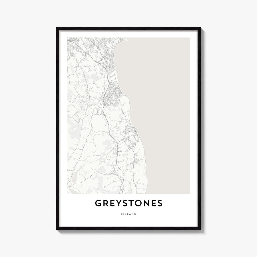 Greystones black & white map poster of Ireland – vertical wall art, unframed print shown in interior mockup