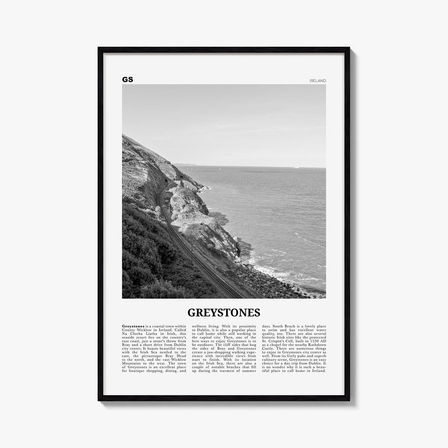 Greystones black & white newspaper poster of Ireland – vertical wall art, unframed print shown in interior mockup
