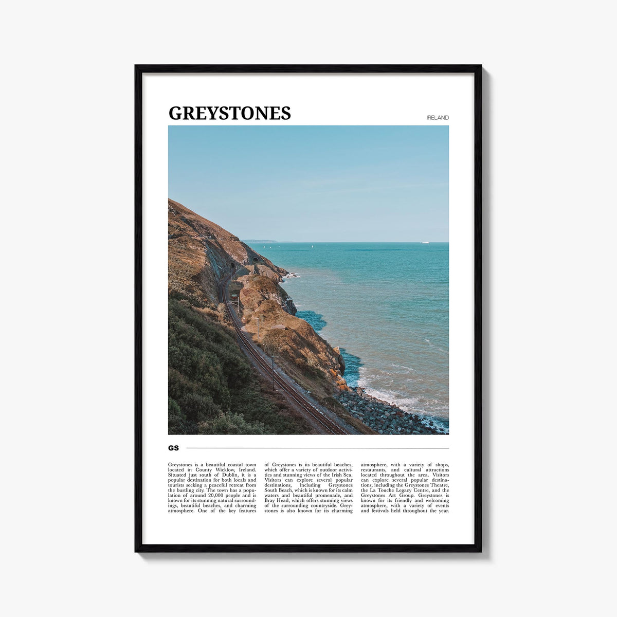 Greystones colorful travel poster of Ireland – vertical wall art, unframed print shown in interior mockup