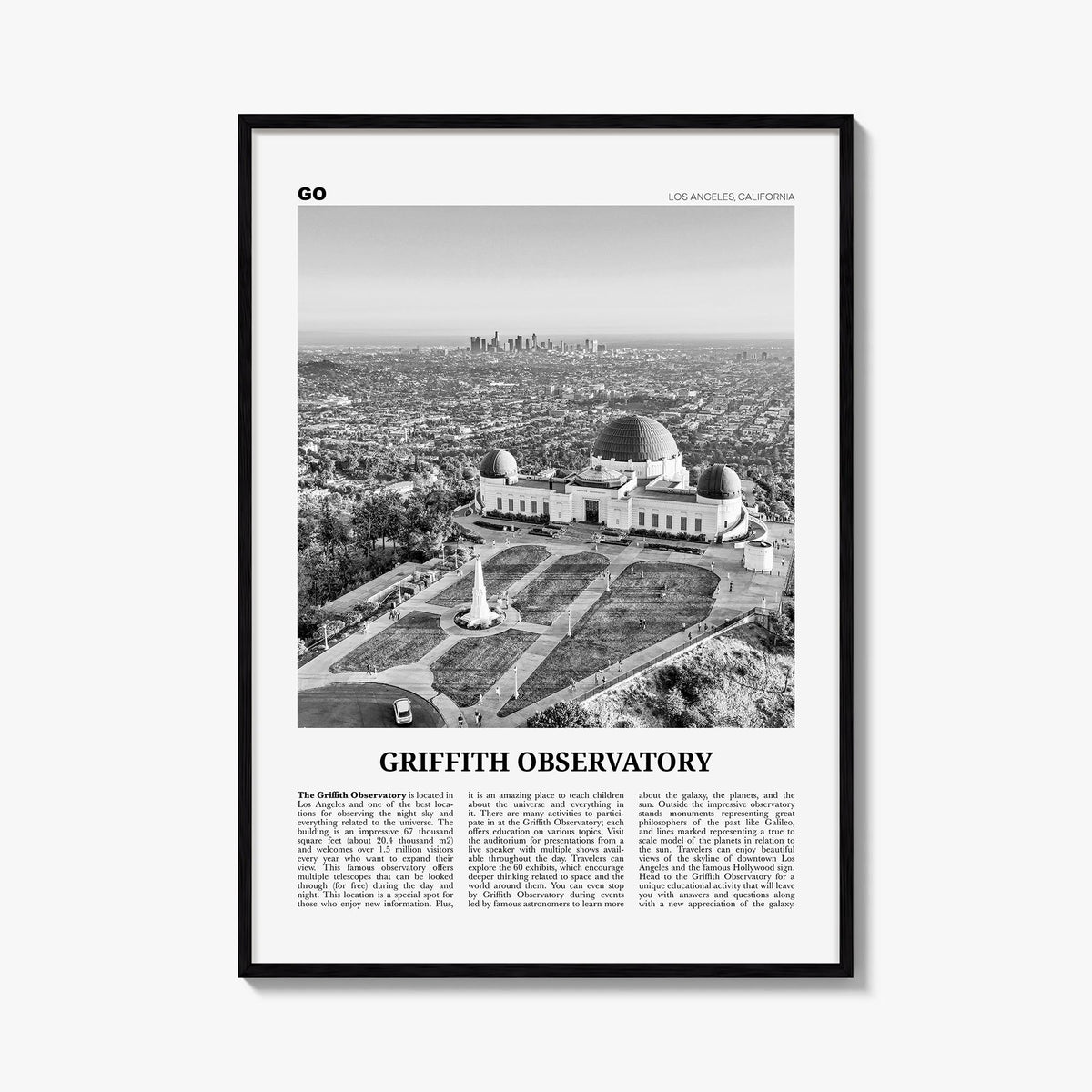 Griffith Observatory black & white newspaper poster of Los Angeles, California – vertical wall art, unframed print shown in i