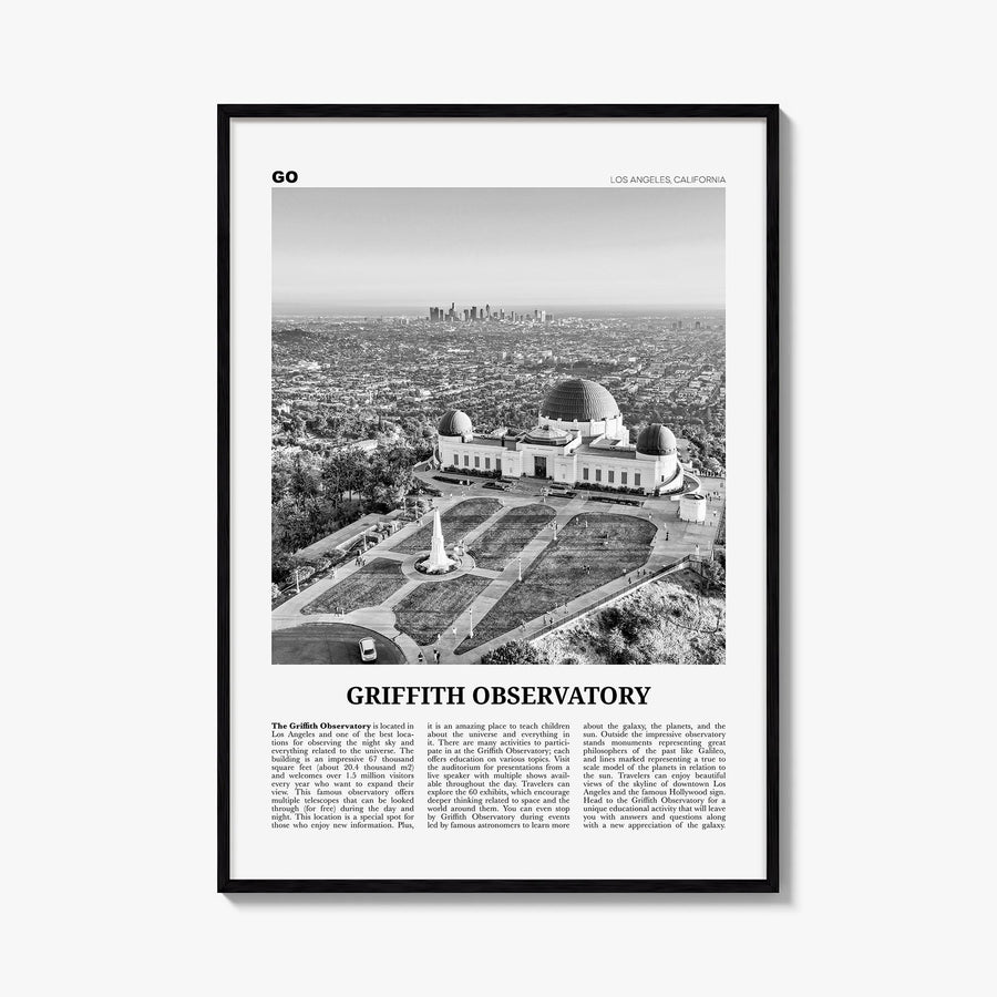 Griffith Observatory black & white newspaper poster of Los Angeles, California – vertical wall art, unframed print shown in i