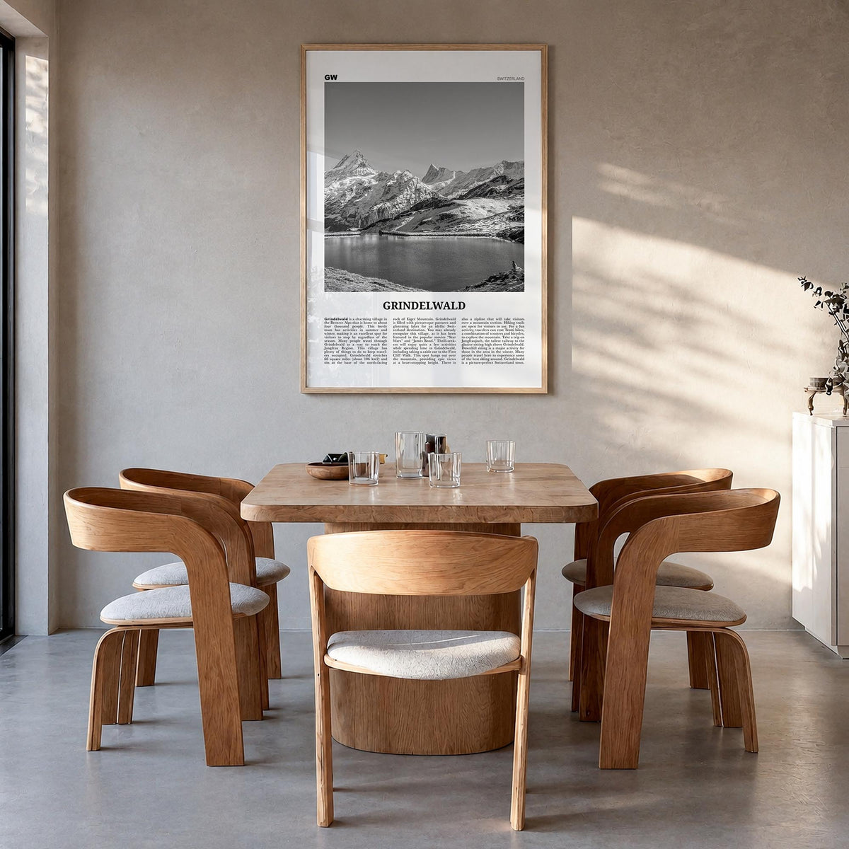Grindelwald black & white newspaper poster of Switzerland – vertical wall art in natural wood frame, hanging on wall