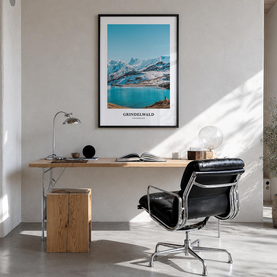 Grindelwald colorful classic poster of Switzerland – vertical wall art in black wood frame, hanging on wall