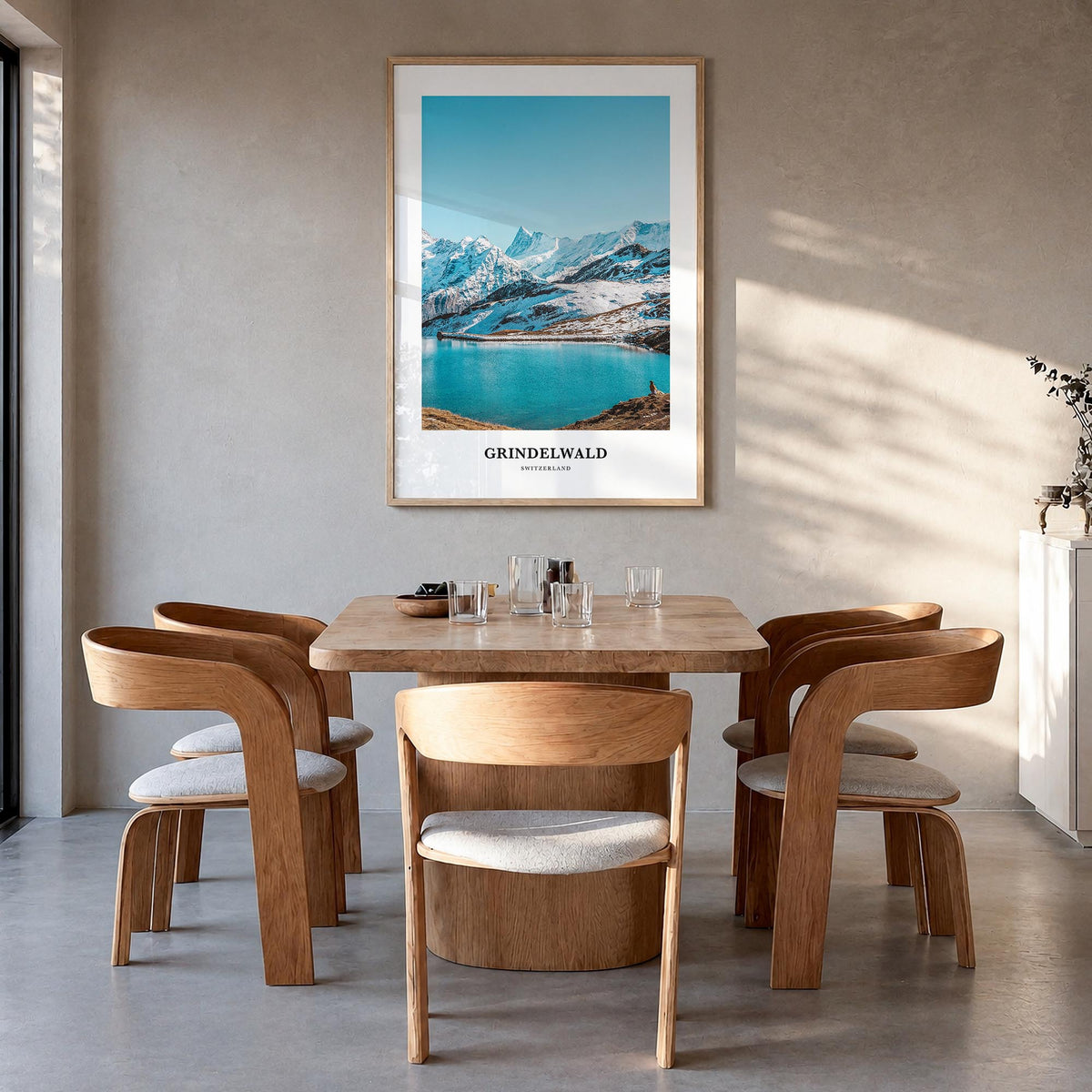 Grindelwald colorful classic poster of Switzerland – vertical wall art in natural wood frame, hanging on wall