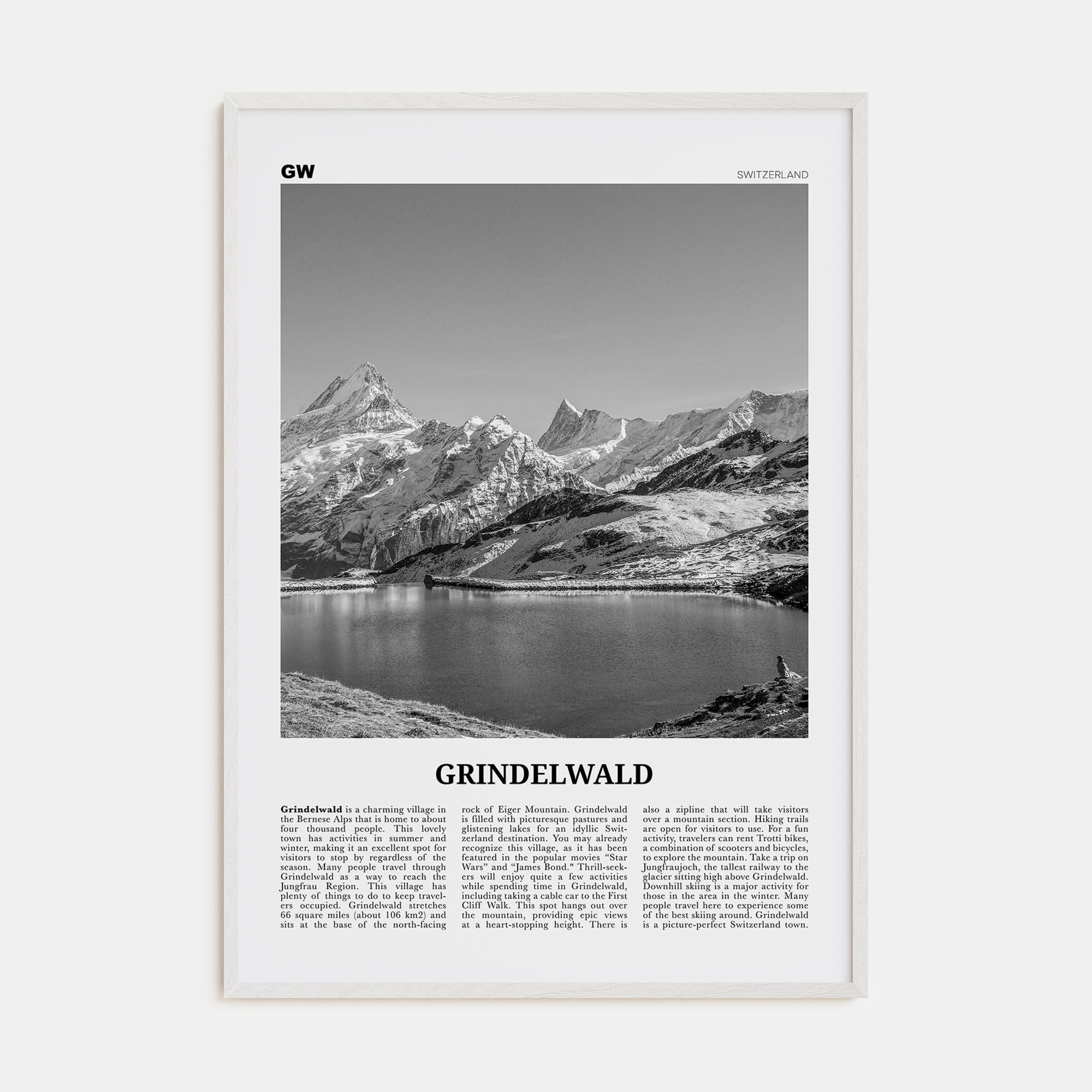 Grindelwald Poster White Wood / 8x12 in Nbourhood Travel B&W Poster