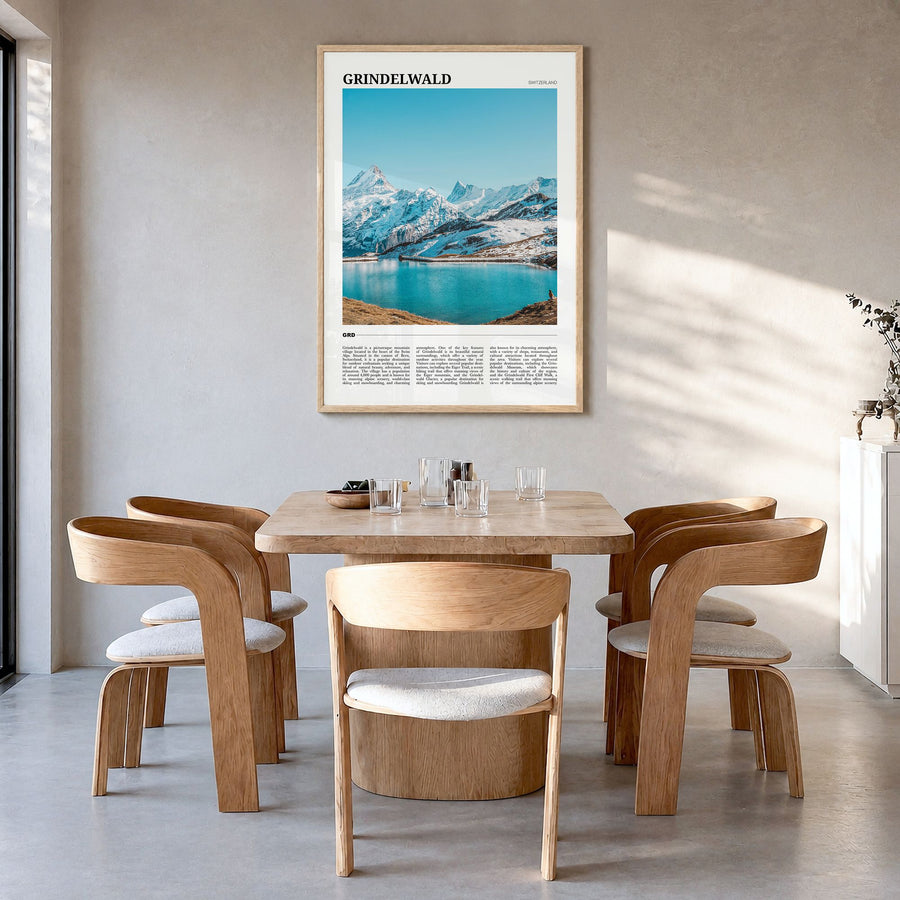 Grindelwald Travel Poster in a natural wood frame, hanging in a dining room