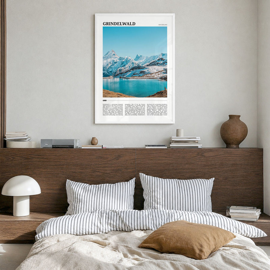 Grindelwald Travel Poster in a white wood frame, hanging in a bedroom