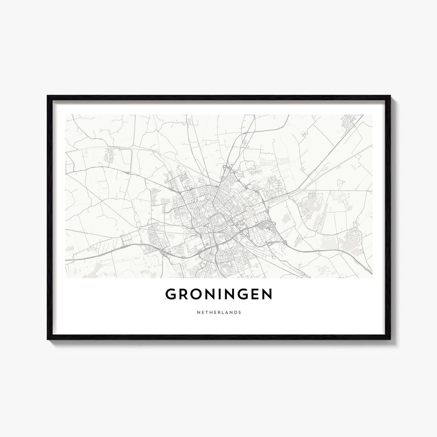 Groningen black & white map poster of Netherlands – horizontal wall art, unframed print shown in interior mockup