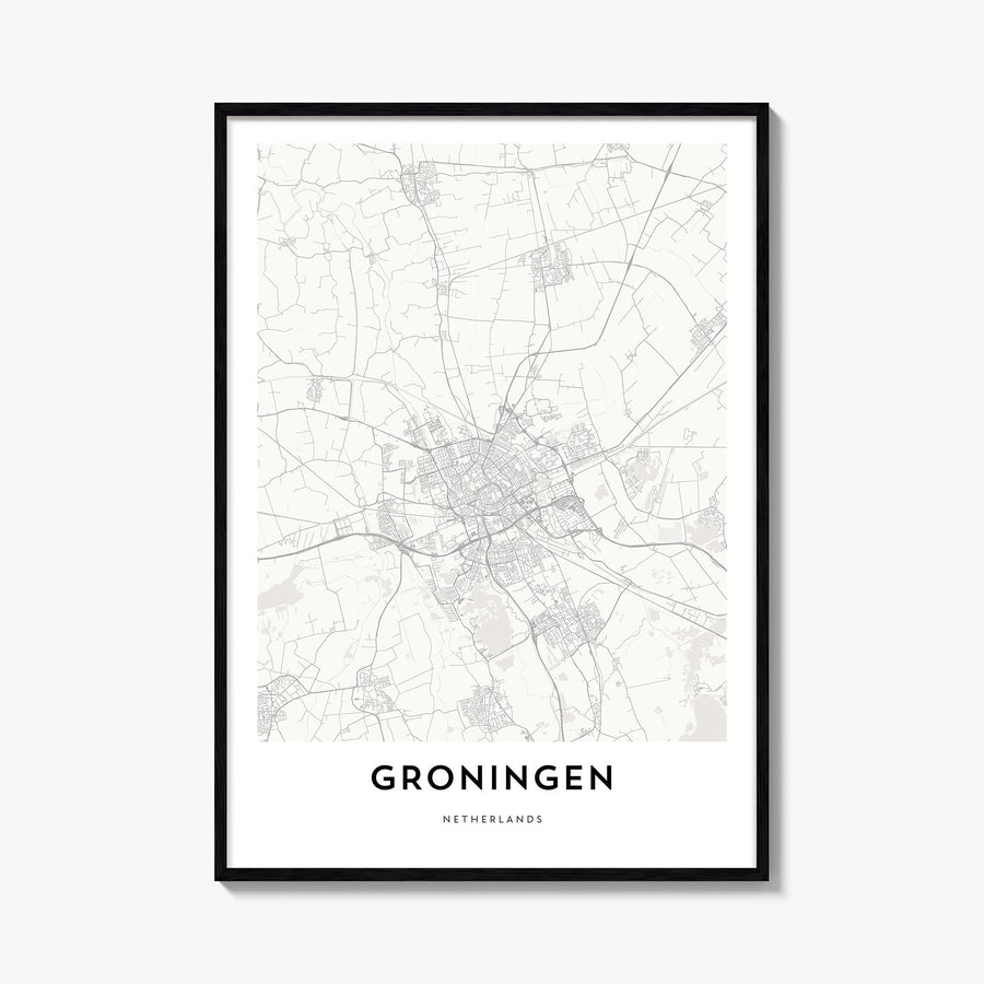 Groningen black & white map poster of Netherlands – vertical wall art, unframed print shown in interior mockup